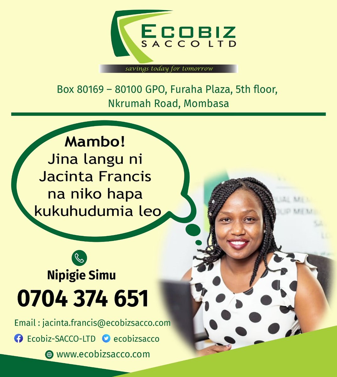 EcobizS's tweet photo. Jacinta Francis is our Credit Officer at the Mombasa branch, ready to assist you at a moments notice.
Do not hesitate to contact her for any questions or assistance in any of our services.
#JibambeNaEcoBiz #EcoBizSacco #Save50BobDaily https://t.co/z53TLSMJmH
