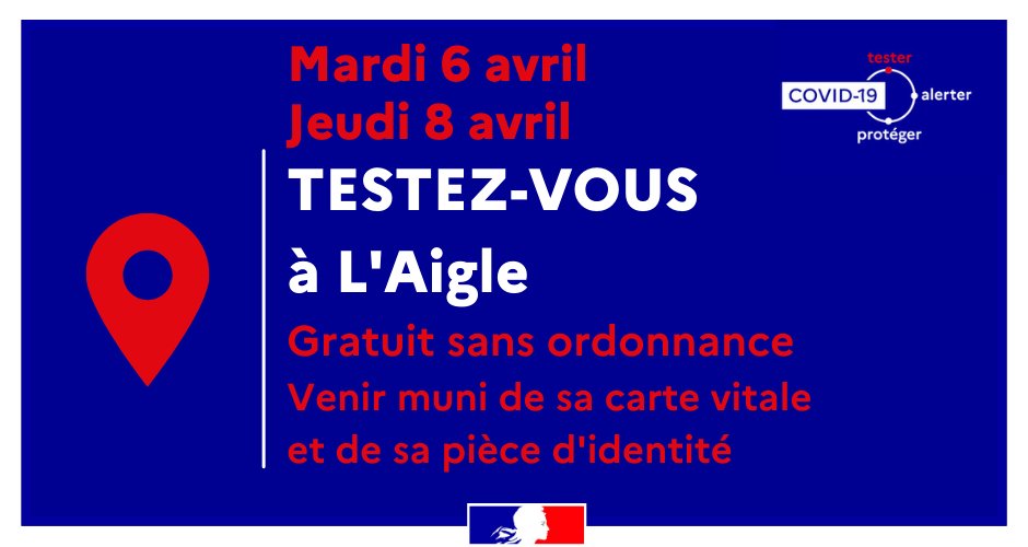 [#COVID19]
📢 Campagne de #dépistage à L'Aigle
📅 Les mardi 6 et jeudi 8 avril 2021 de 9h à 16h30
📍 Salle de Verdun, place de Verdun
Sans RDV - Sans ordonnance
Au moindre doute, je me fais dépister !
Plus d'info 👉bit.ly/3tzB7gQ