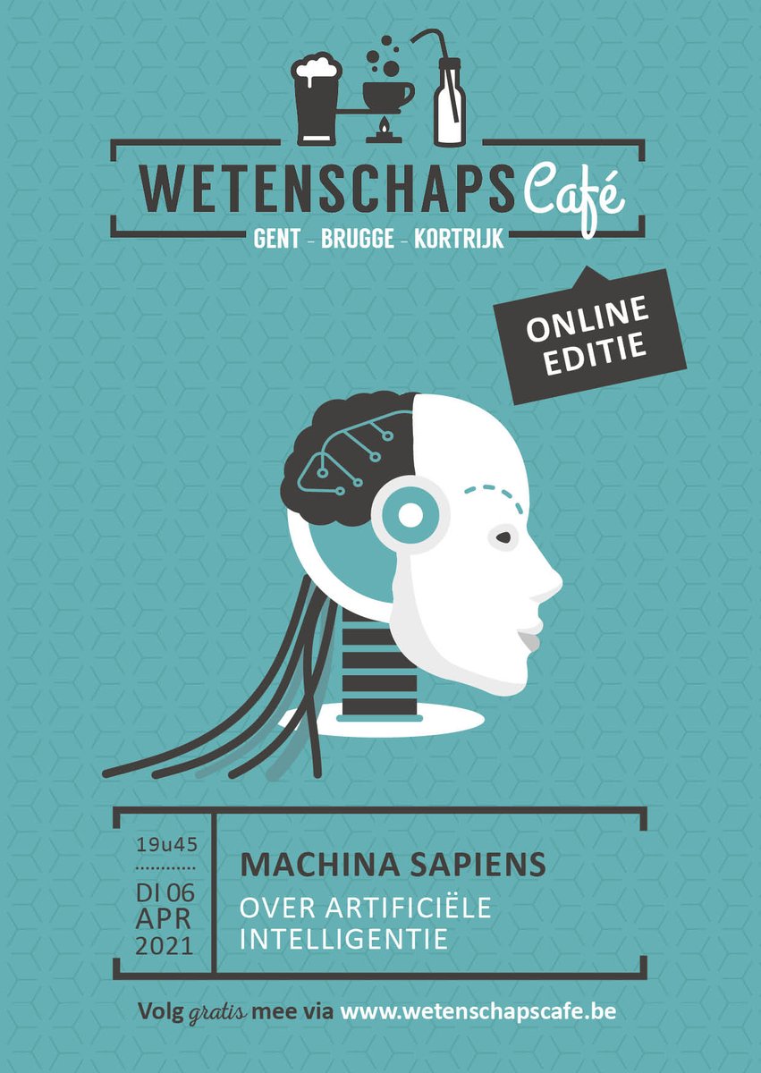 Wetenschapscafe's tweet photo. Vanavond: wetenschapscafé over artificiële intelligentie. Livestream vanuit De Krook, te volgen in jouw huiskamer. Jij zorgt voor een drankje 🍹, wij zorgen voor de wetenschap 🙌 https://t.co/KXfMgC0Stq