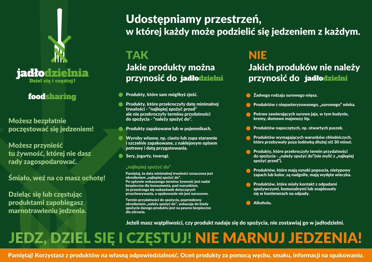 Foodsharing_Wro's tweet photo. Jadłodzielnie Foodsharing to miejsca budowania świadomości o problemie marnowania jedzenia. 

Przypominamy że do Jadłodzielni 
• nie gotujemy i nie kupujemy specjalnie
• nie wkładamy żywności niezdatnej do spożycia 
• nie oceniamy korzystających https://t.co/BjDSLa8dcN