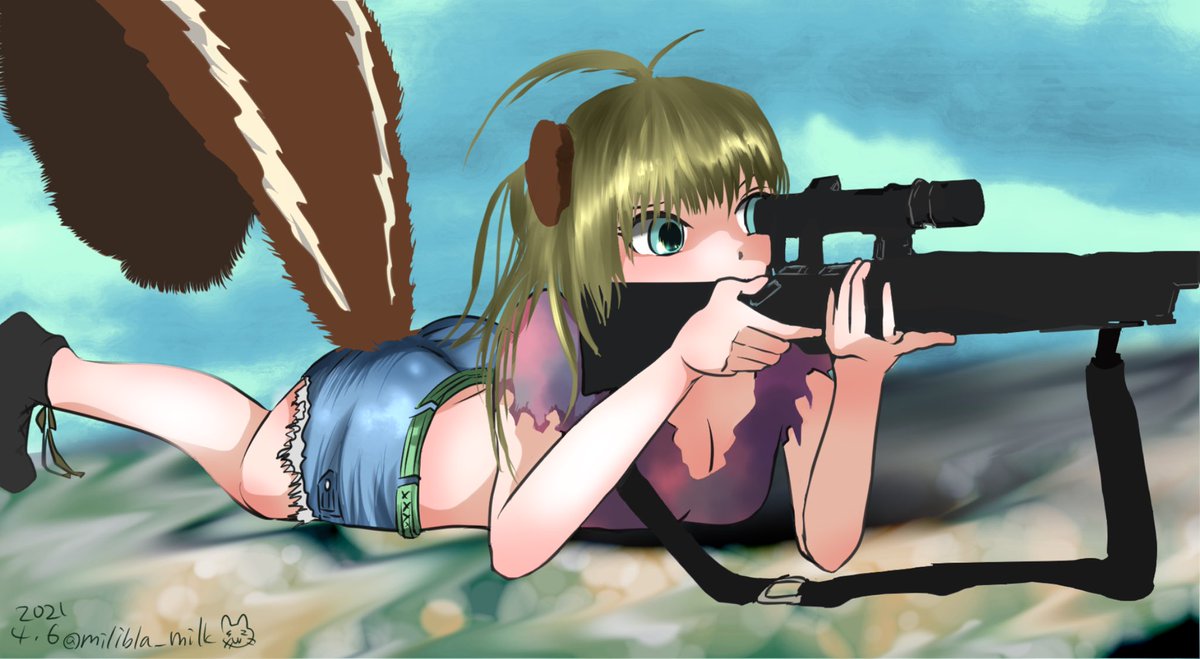 イラスト好きな人と繋がりたい 創作イラスト リス ちゃんスナイパー でき ミリタリーぬ低浮上のイラスト