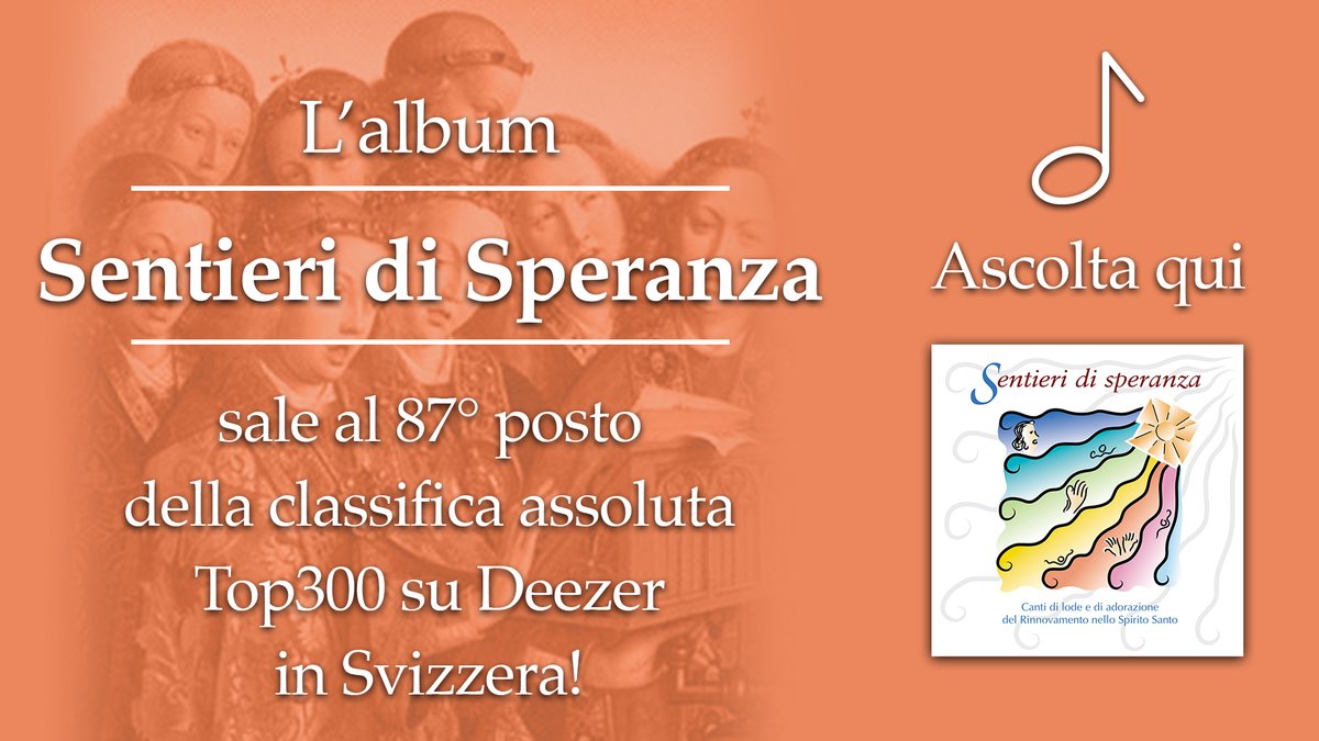 EdizioniRnS's tweet photo. L’album SENTIERI DI SPERANZA sale al 87° POSTO della classifica assoluta TOP300  in SVIZZERA su @Deezer!
Ascoltala/scaricala qui:
Deezer: https://t.co/dajIM5tOOF
Apple Music: https://t.co/jYoBzhwxPW
Spotify: https://t.co/JMHK0Z24d3
@rnsitalia  
#RinnovamentoinDigitale #top300 https://t.co/mzqSxHvsf5
