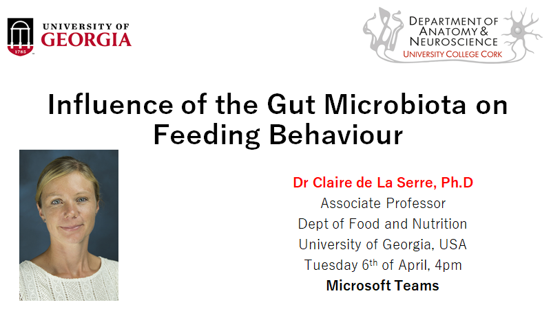 AnatNeuroUCC's tweet photo. Today we virtually welcome Dr Claire de L Serre to @UCC from @universityofga, she will give us a summary of the gut microbiota and how it can influence feeding behaviour 🍲🇺🇸 if you would like to join from outside of UCC please DM 📧 https://t.co/0G8cJsHibP