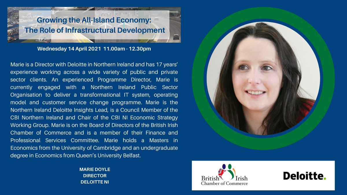 BrIreCham's tweet photo. Join us &amp; Director of Deloitte NI, Marie Doyle on Wednesday 14 April at 11am for our next event, Growing the All-Island Economy: The Role of Infrastructural Development, in association with @DeloitteNI

Register now ➡️ https://t.co/NgEHiOOhK9 

@mdoyle261 #AllIslandInfrastructure https://t.co/BcW2HmCYHO