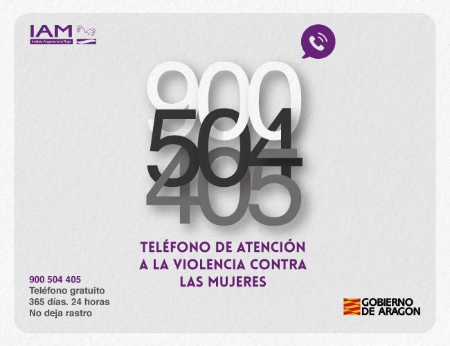 IA_Mujer's tweet photo. No estás sola. 
Teléfono de Atención a la Violencia contra las mujeres
☎️ 900 504 405 

Los 365 días al año las 24 horas del día

👉 https://t.co/WQd8ralBOa

@IA_Mujer 

#MujerAragón https://t.co/Se6DTEDSL5