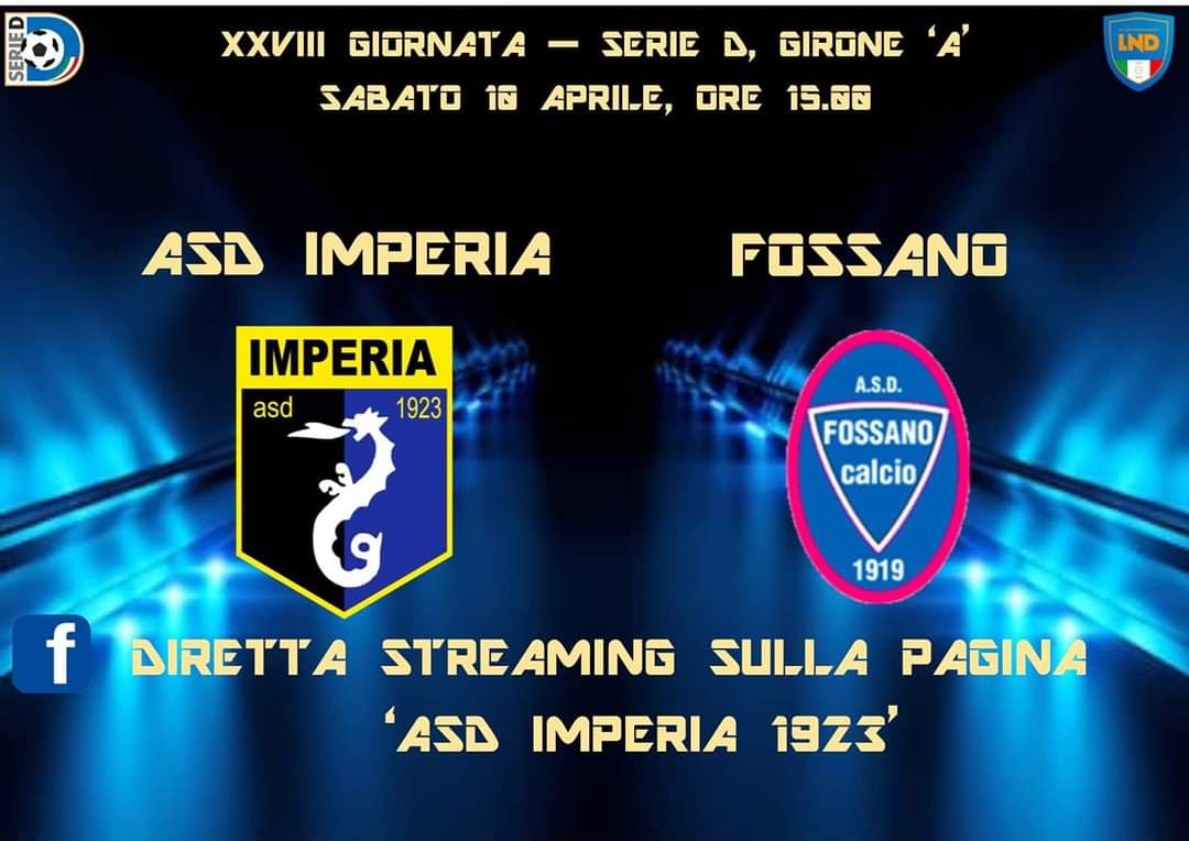 🐲FORZA NERAZZURRI🐲

⚽ Imperia-Fossano
📆 Sabato 10 aprile 2021
⏰ ore 15:00
🏟️ Stadio 'Ciccione', Imperia
❌ La partita verrà disputata a porte chiuse

📲 Il match sarà trasmesso in live streaming sulla nostra pagina Facebook