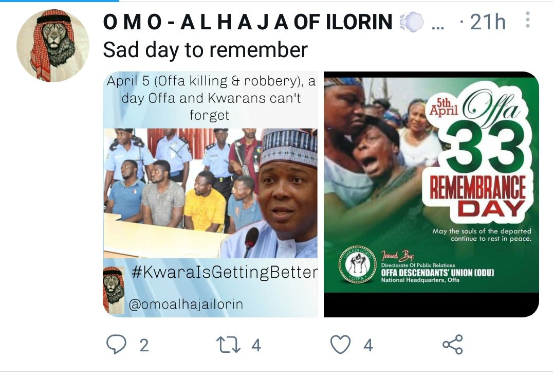 Jani4Tijani's tweet photo. @omoalhajailorin @RealAARahman @GRSaraki @WaleBabalakin @AlhLai_Mohammed @AynLade @Kwara_APC @shewn007 @babaidris090 @Onile050 @shola_sidiq @petecoolboy @wagzie01 @babastundey @tundexman @d_LegalEagle @abdullatifjidda @chiefow @KwaraMatters @KwaraInsight @folamitaofeeq @Kwaraforall @KwaraReporters @kwarayouth @OkasanmiAjayi @ConnectKwara Sad April Days To Remember - No be today #JugunnuAndCo dey solicit robberies n murder o
05 April 2018 - D conspirators released 2 dangerous criminals from jail, Michael Adikwu n Kayode Opadokun n sponsored them to steal #OffaRobbery
#LestWeForget @RealAARahman #OtogeNaScam https://t.co/vaJ2ywdE5c