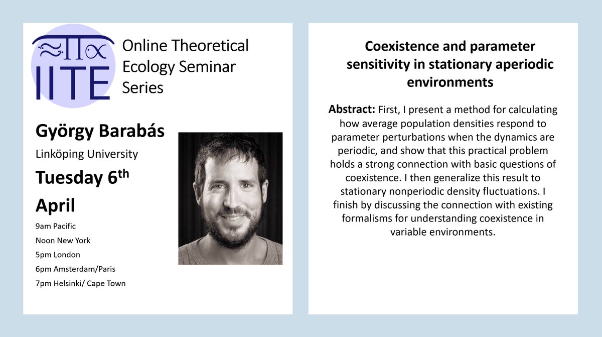 iite_info's tweet photo. 😃Seminar day!😃Today our seminar speaker is Gyuri Barabás, discussing 'Coexistence and parameter sensitivity in stationary aperiodic environments'. As ever, it is free, open to all and will be followed by a Q&amp;A. Zoom link: https://t.co/T6wpjFQU8c Hope to see you later! https://t.co/gAmFQn0tbs