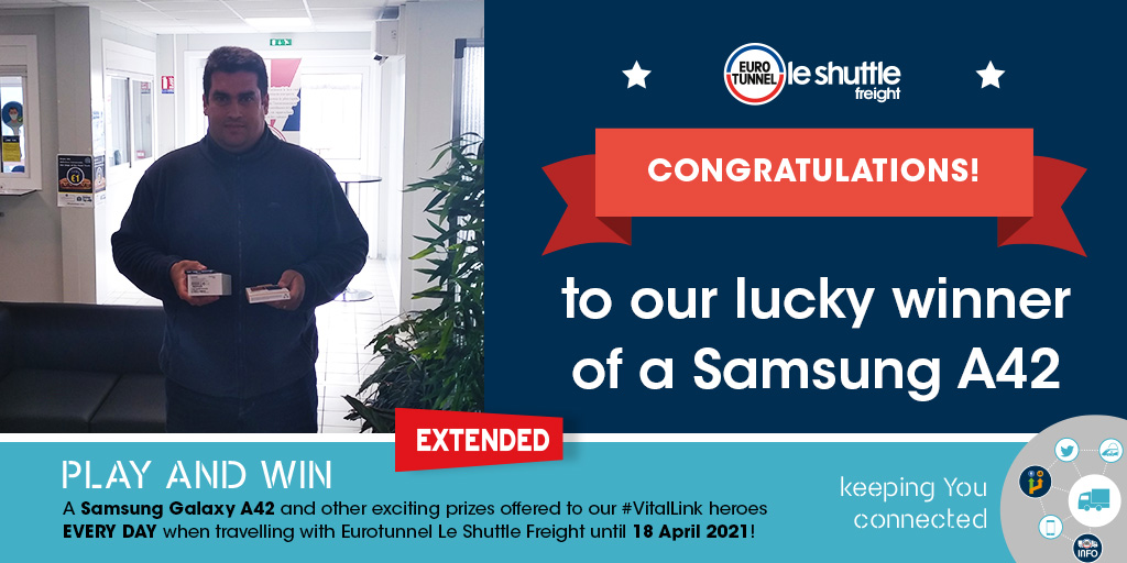 🏅We would like to congratulate Atilio who won a SAMSUNG A42📱
⭐️Play and win EVERY DAY when you travel with #Eurotunnel le Shuttle #Freight ⭐️
#TruckDriver #Calais #Folkestone #PlayWinEurotunnel