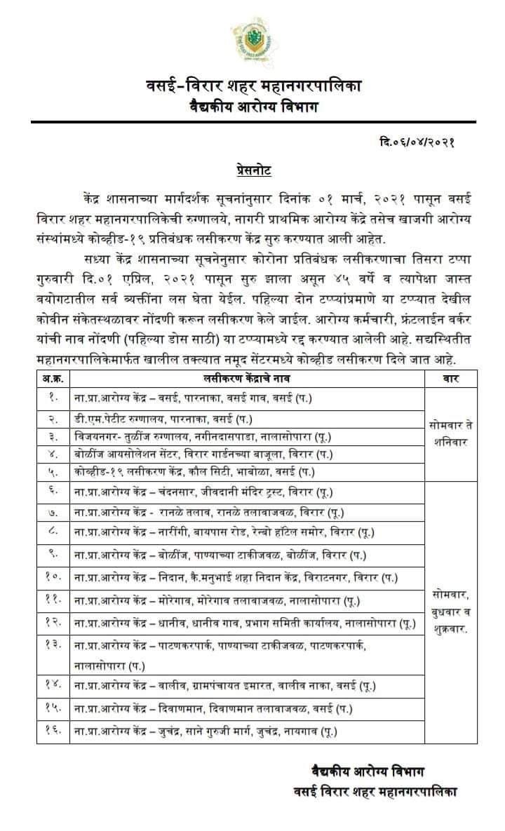 WeAreVasai's tweet photo. COVID Vaccination in Vasai-Virar https://t.co/1cj4Y2BJpq