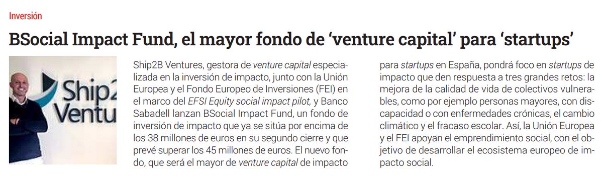 Biocat (@biocat_es) on Twitter photo 📰 #BSocial Impact Fund, fondo #VentureCapital para #startups lanzado por <a href="/Ship2BVentures/">Ship2B Ventures</a>, <a href="/BancoSabadell/">Banco Sabadell</a> y <a href="/EFSI_EU/">EFSI</a>, ya se sitúa por encima de los 38 M€ y prevé superar los 45.
<a href="/elEconomistaes/">elEconomista.es</a> 👇 📰 #BSocial Impact Fund, fondo #VentureCapital para #startups lanzado por <a href="/Ship2BVentures/">Ship2B Ventures</a>, <a href="/BancoSabadell/">Banco Sabadell</a> y <a href="/EFSI_EU/">EFSI</a>, ya se sitúa por encima de los 38 M€ y prevé superar los 45.
<a href="/elEconomistaes/">elEconomista.es</a> 👇
