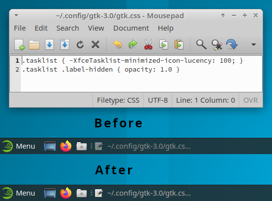 XfceNation's tweet photo. #XfceTips: Would you prefer that tasklist icons and labels aren't dimmed when a window is minimized. Simply create/modify the ~/.config/gtk-3.0/gtk.css file and add the following text to it and restart your session. #CustomizeXfce #MakeXfceBeautiful #XfceCSS #Xfce414 #Xfce416 https://t.co/DKi5f8xXHG