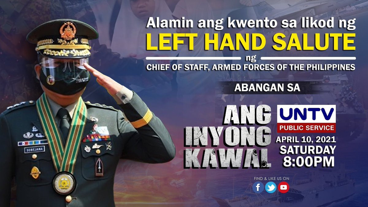 NGAYONG SABADO SA PHILIPPINE ARMY SPEARHEAD TROOPERS FB PAGE
Ating kilalanin ang  buhay na kawal na nagawaran ng Medalya ng Kagitingan o Medal for Valor.
Mapapanood din ito sa 'Ang Inyong Kawal, Sabado, ika-walo ng gabi dito sa UNTV, your Public Service Channel. 
#AFPyoucanTRUST