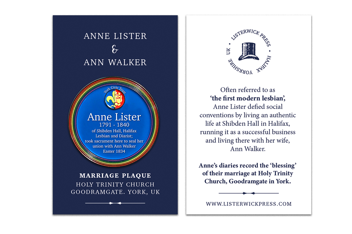 187 years ago Anne &amp; Ann took the sacrament together at Holy Trinity church, York.

To celebrate this special piece of history we made some beautiful enamel badges depicting the plaque that now hangs as a tribute.

listerwickpress.com
#GentlemanJack 
#AnneLister
#LoveIsLove