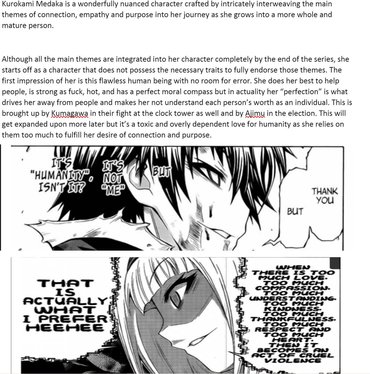 Kumableu's tweet photo. Empathy, purpose, Connection, and Becoming You

This will spoil everything in Medaka box so be warned. An essay on Kurokami Medaka, hope it goes well https://t.co/wDVigdqQFK