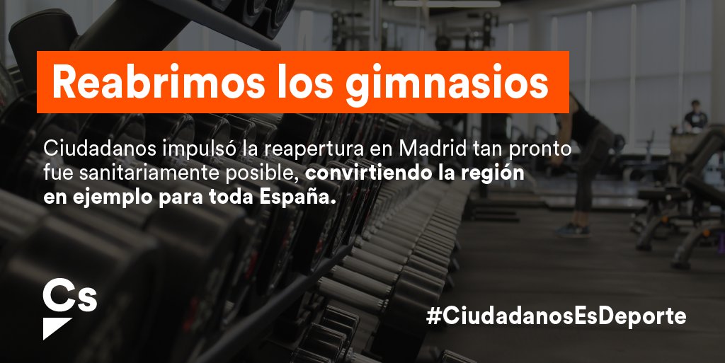 🏊‍♂️🏃‍♀️🧘‍♀️ El deporte es fundamental para fortalecer la salud y hacer frente a la pandemia.

🍊 ¡Y desde Cs lo sabemos!

🏋️‍♂️ Por eso desde el gobierno de la Comunidad de Madrid apostamos por reabrir los gimnasios con todas las medidas sanitarias.

#CiudadanosEsDeporte ⛹️‍♀️🚴‍♀️