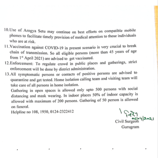 sakshi_dayal's tweet photo. A health advisory has been issued by Gurgaon Civil Surgeon today laying out measures to combat covid pandemic,including work from home where possible,work staggering in industries,wearing face coverings,following social distancing. "Strict enforcement" to be done. @IndianExpress https://t.co/iFSBFGmqnn