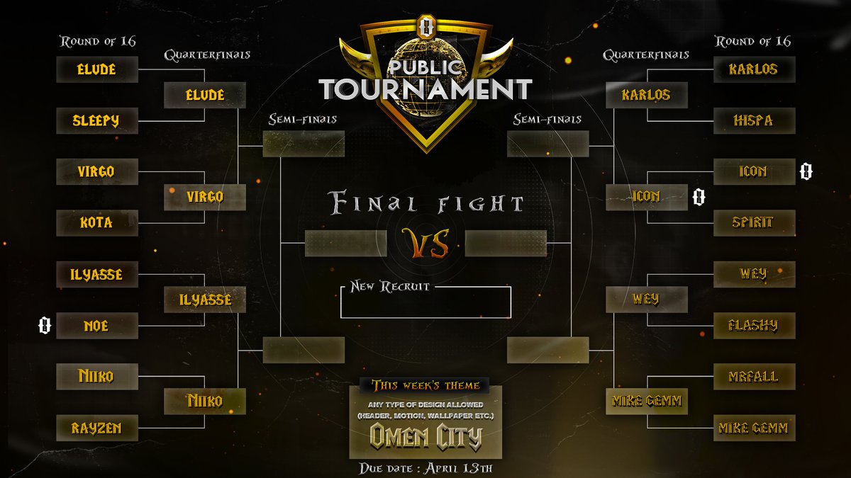 Omen Public Tournament: Quarterfinals!

Theme: Omen City
Due date: 13/04
Number of entries: ONE

Use #Omen8 and tag 
<a href="/TheOmenVisuals/">Omen Visuals</a>
 in your entries.

4 designers will make it through to the semi-finals!

Logo Assets: drive.google.com/drive/folders/…

Good luck!