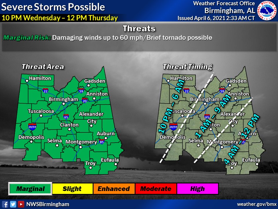 UA_Safety's tweet photo. π© Weather Update: Severe storms are possible starting tomorrow at 10pm. Threats include damaging winds & a brief tornado.
Stay #weatheraware by downloading the #UASafety app. Follow @NWSBirmingham for central Alabama forecasts. We will update you as new info is available. #UAwx https://t.co/Ete6IKoFcu