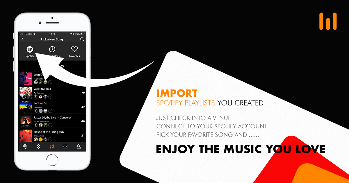 Moozicore Mobile App 📱 can import Spotify playlists you created. Just check into a venue, connect with your Spotify account &amp; pick your favorite song to be played next! 🎵
.
.
#moozicore #pickyoursong #createplaylists #importplaylists #syncyouraccount #favoritesong #playnext