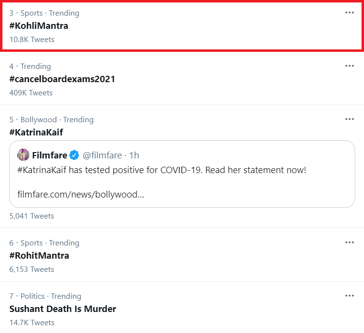 ViratGang's tweet photo. Well Done Viratians,

#KohliMantra Is Trending At No. 3 Position In India. Keep Tweeting Your Success Mantras For King Virat Kohli! 🔥

@imVkohli • @RCBTweets • @IPL https://t.co/DfcxmcU9PM