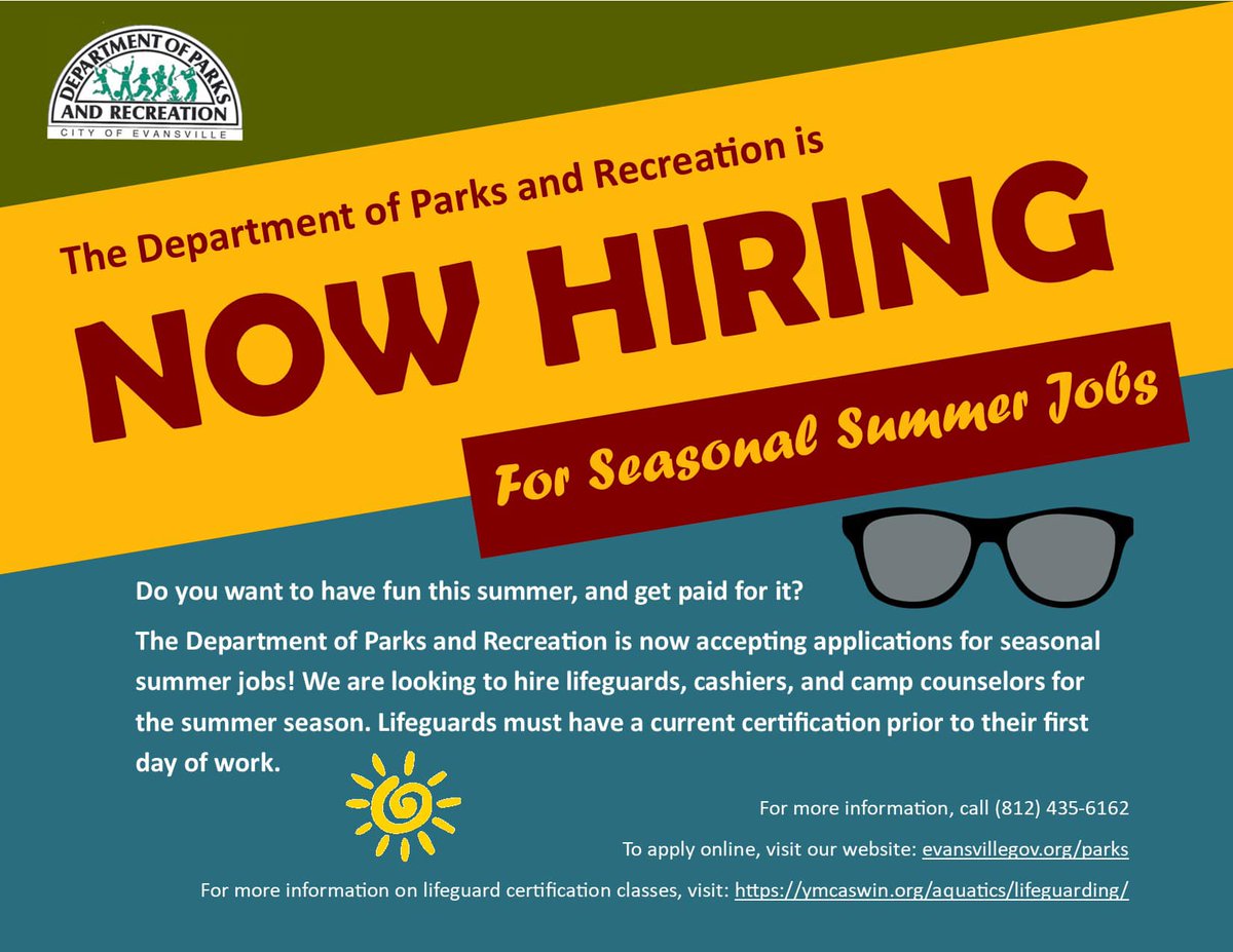 Now hiring for part-time summer positions! Spend your summer making money by the pool or leading summer camp activities!
For information on lifeguard certification:
ymcaswin.org/aquatics/lifeg…
For more information or to apply to open positions:
evansvillegov.org/city/topic/ind…