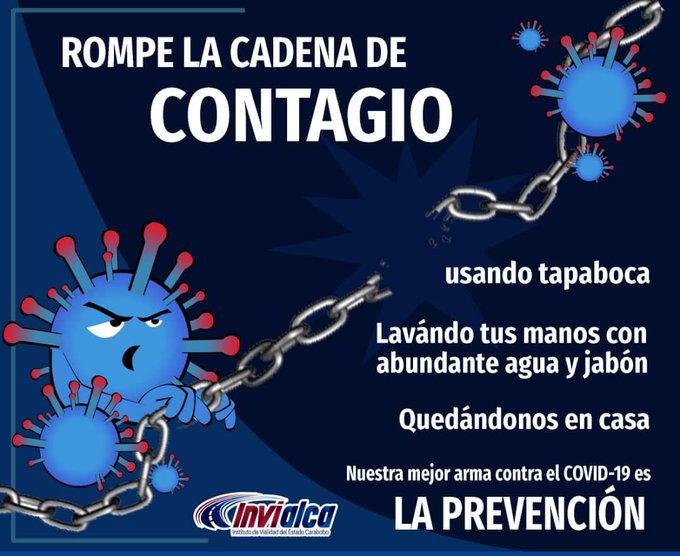 invialca's tweet photo. ¡Rompamos la cadena de contagio!

Mantener las medidas preventivas y tomar conciencia respecto al COVID-19 es de gran importancia para así juntos vencer esta terrible pandemia.

#CuidémonosDelVirus #Carabobo #Invialca #6Abr #FelizMartes https://t.co/bZAnQ7pQQZ