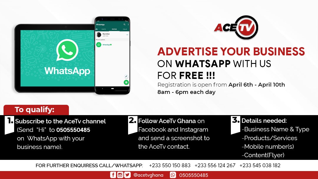 FREEEEE ADVERTS!!!

Take advantage of this opportunity if you own a business or know someone who owns one. @acetvghana is running freeeeee adverts.

#Varane #StopMoneyRitualsOnTv #business #entrepreneur #promotion #marketing #DigitalMarketing