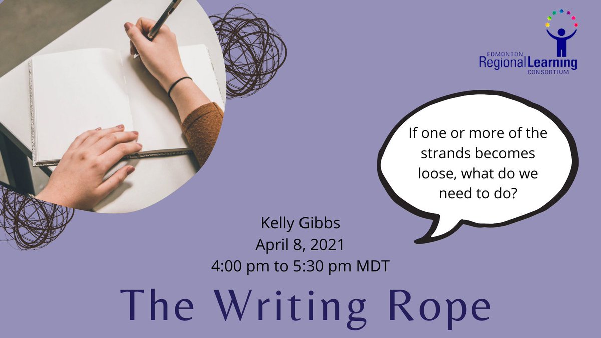 erlcpl's tweet photo. Sedita’s Writing Rope is a tool that helps to visualize all that students do to become skilled writers. Join this session to discover what to do if one or more of the strands becomes loose. https://t.co/BxlF5WYcmZ
#avpsd #BGRSD18 #ECSD #epsb #eicstalks #eips #ecsrd #fmcsd #fmpsd https://t.co/ShFHLZS9jv