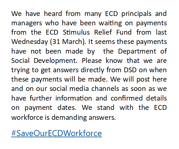 CECD_online's tweet photo. We have heard from many ECD principals and managers who have been waiting on payments from the ECD Stimulus Relief Fund from last Wednesday (31 March)... Read our note here: #SaveOurECDWorkforce @The_DSD https://t.co/5rYsCStuZQ