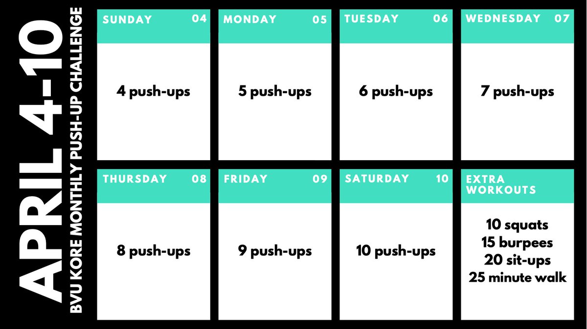 bvukore's tweet photo. 🚨NEW MONTHLY CHALLENGE🚨
For the month of April, KORE is challenging you to a push-up challenge. You will do the same number of push-ups as the date! Here is this weeks calendar: https://t.co/jBEnpBBMZK