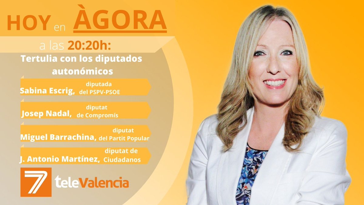 Volvemos con Ágora tras unos días de descanso🔋

Hoy, tertulia con los diputados autonómicos: 
-Sabina Escrig (<a href="/SabinaEM19/">Sabina Escrig Monzó</a> )♥️
-Josep Nadal (<a href="/JRNadal/">Josep Nadal</a> )🍊
-Miguel Barrachina (<a href="/BarrachinaM/">Miguel Barrachina Ros</a> )💙
-Jose Antonio Martínez (@JoseAMartinezCs )🧡

A las 20:20, en <a href="/7TeleValencia/">7 TeleValencia</a> 🧡📺