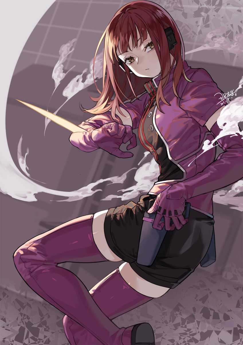 1girl solo weapon gloves thighhighs holding purple gloves  illustration images