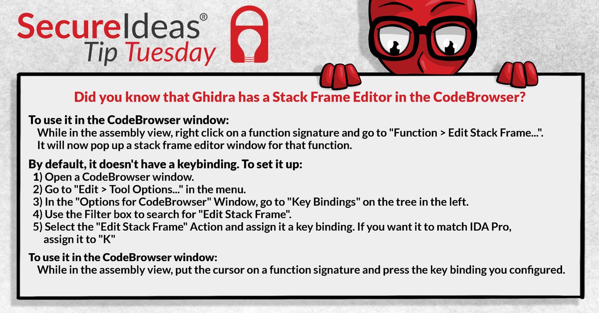 secureideas's tweet image. And we are back with #TipTuesday! Todays tip has a bit to do has a couple steps but it can help with #StackFrame tips! Keep watching each week for more tips and tricks like this! #CodeBrowser #Ghidra