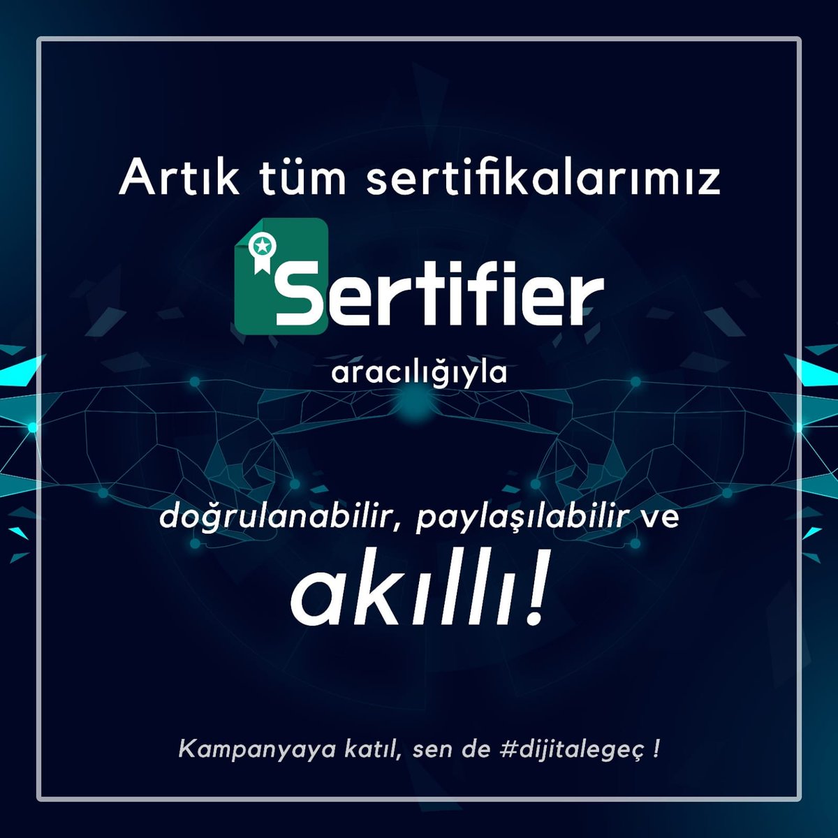 Biz “Akıllı Sertifika Çağı”na geçtik! Sizi de bize katılmaya ve dijital dönüşümün bir parçası olmaya davet ediyoruz:  <a href="/hacettepegiyat/">GİYAT</a> , <a href="/koubitek/">Bilişim Teknolojileri Kulübü</a> , <a href="/koubk41/">KOU Bilgisayar Kulübü</a>  #DijitaleGeç #Sertifier <a href="/sertifiertr/">Sertifier Türkiye</a>