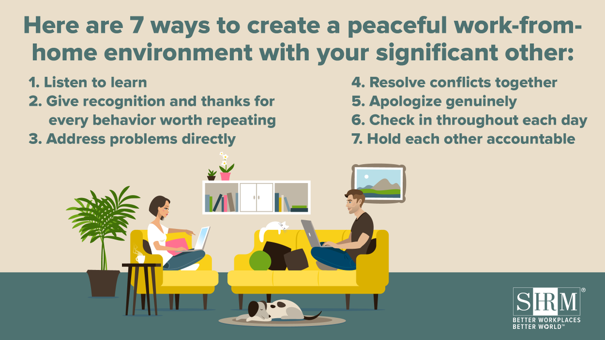 Remote work presents challenges in maintaining productivity, getting along with your partner and family members. Here are 7 tips to create a productive work-from-home environment. shrm.co/lyq921
