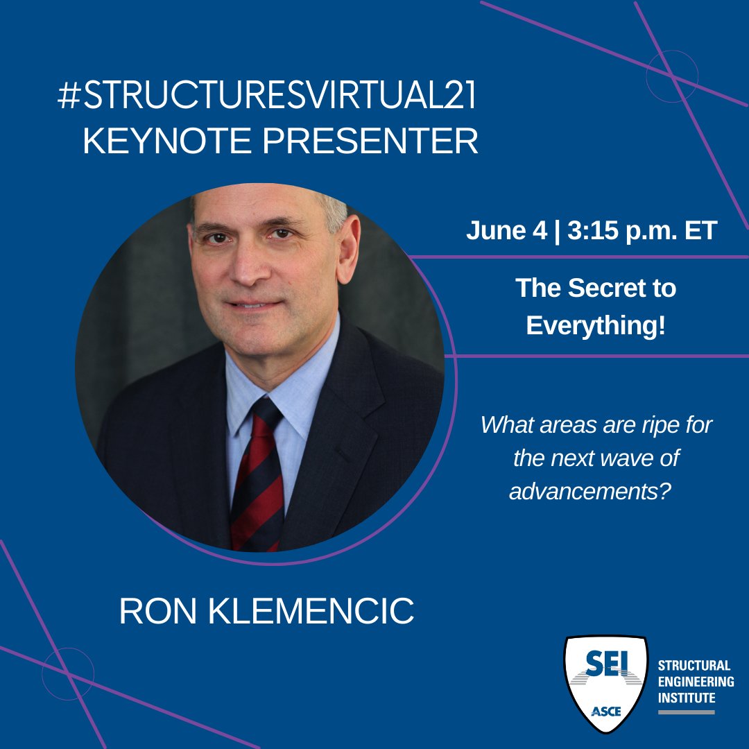 ASCE_SEI's tweet photo. #StructuresVirtual21 day two keynote is Ron Klemencic, Chairman & CEO of @MKA_Inc. He will review how some of the most impactful innovations in recent years were developed, & he will speculate as to what areas are ripe for the next wave of advancements.
https://t.co/IzWa65CMGL https://t.co/7aFCTjvEXH