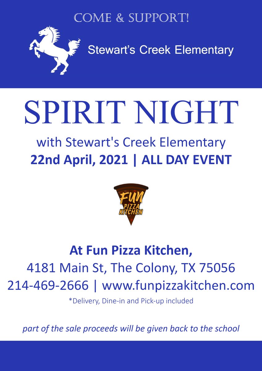 Hi Stallions! Our last Spirit Night of the year will be at Fun Pizza in The Colony on April 22.  They have always been such an amazing support to our school!  This is an ALL DAY event.  Mention Stewart's Creek when you go.  Delivery, dine in or take out!