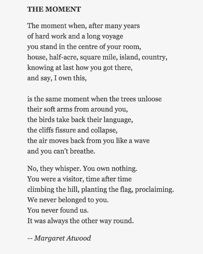 Day- *BONUS*  #APoemADayThe Moment by Margaret Atwood--Today's bonus poem is a humbling read. When did it become human nature to claim ownership over mother Nature? 