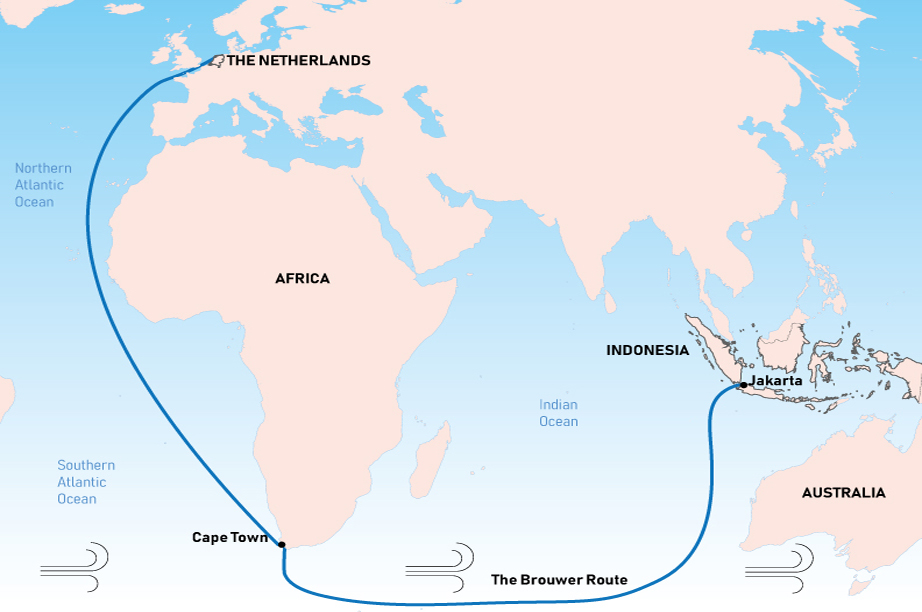 13) The Batavia would follow the newly pioneered 'Brouwer Route'; instead of rounding Africa and crawling back up across the Indian Ocean, Dutch ships would continue south into the 'Roaring Forties' and be swept towards Australia. A risky route that cut the voyage length in half.