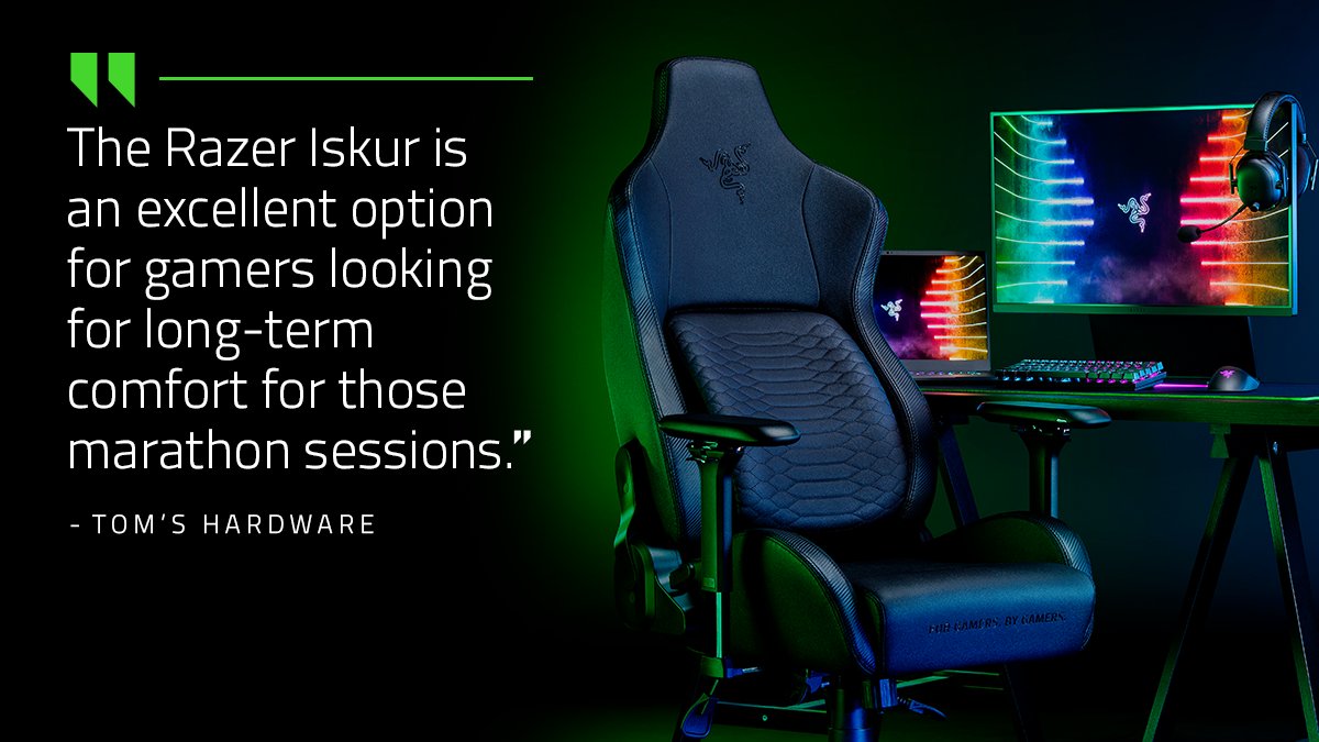Razer's tweet photo. After extensive testing of the Razer Iskur, the folks at @tomshardware confidently say “the Iskur justifies its premium price point with superior comfort, build quality, and a nifty approach to lumbar comfort”. Read their full review here: https://t.co/pXGq1nJNKB https://t.co/qHAPntDMul
