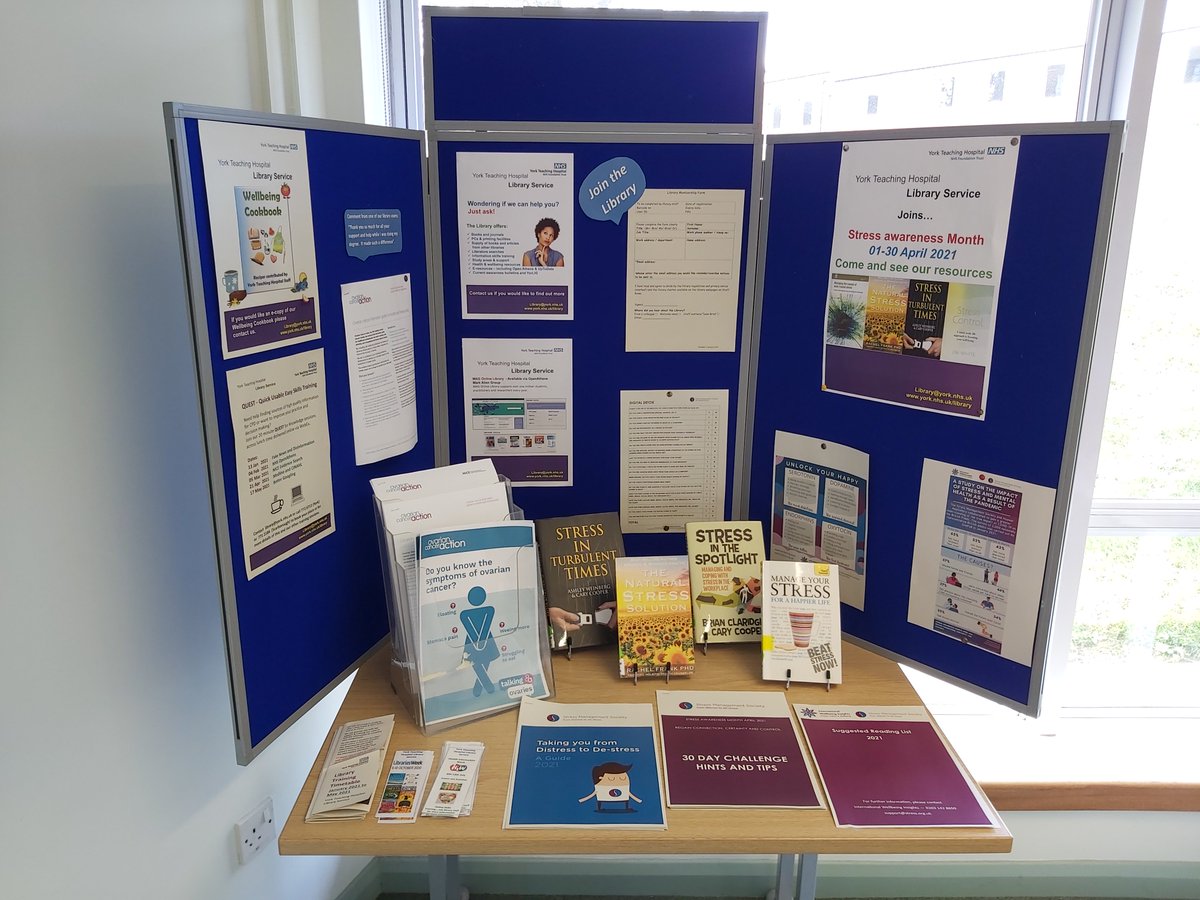 YSNHSLibrary's tweet photo. #YorkNHSLibrary has joined the #StressAwarenessMonth #StressAwarenessMonth2021.Trust colleagues can find more info in our libraries and  don’t forget we can help you with your own searching! Contact  Library@york.nhs.uk!  
@YorkTeachingNHS @NHS_HealthEdEng @StressMgtSoc https://t.co/brJk0bjZMf