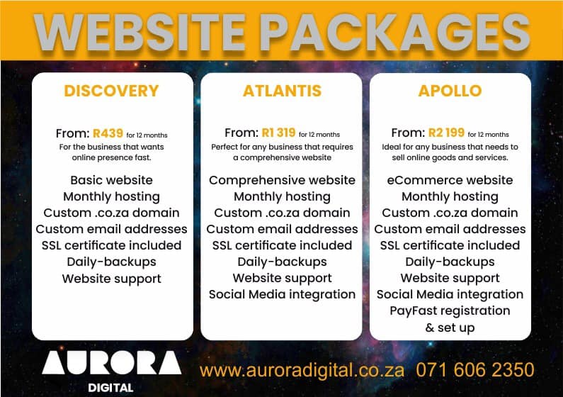 AuroraDigital2's tweet image. Available website packages.
auroradigital.co.za

#auroradigital #websitepackages #website #websitedevelopment #websitehosting #emailhosting #websitemaintenance, #logo #logodesign #businesscards #businesscarddesign #flyers #flyerdesigns #Websitedesign #WebsiteDevelopment