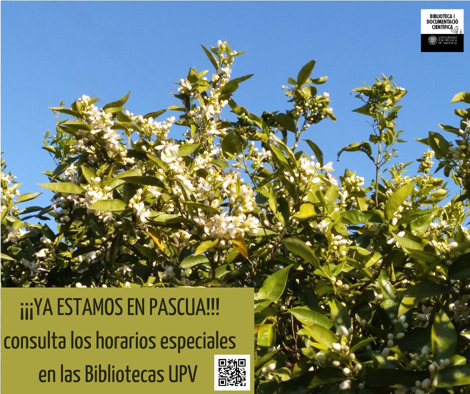 ¡Consulta los horarios especiales en las Bibliotecas UPV! 
👉loom.ly/cwSGGzA
#Horaris #Pasqua #BibliotequesUPV #Horarios #Pascua #BibliotecasUPV