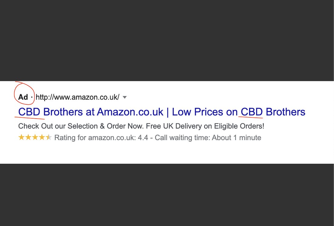 _georgevincent's tweet photo. Let's be clear..
@GoogleAds don't allow CBD ads. Any mention of #CBD in the ad copy or on the landing page is a sure way to get your ad disapproved..
Yet @AmazonUK are clearly running CBD ads..
Are there different rules for the big boys? 🤔 https://t.co/jqiQetNzYI