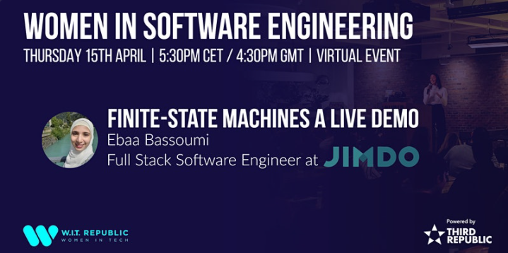 ThirdRepublic's tweet photo. Don’t miss our upcoming Women In #SoftwareEngineering event!
We’re delighted to be joined by Full Stack Software Engineer at @jimdo, Ebaa Bassoumi, who will discuss all things Finite-State Machine.
https://t.co/6MVHHXXqgB
#WomenInTech #FiniteStateMachine #ThirdRepublic https://t.co/0WPhhJOtr8
