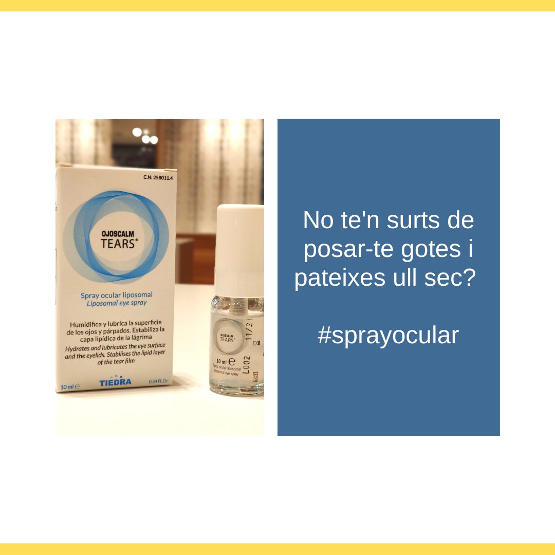 OPTICARUEDA's tweet photo. 💙 Tens problemes d'ull sec i et costa o no t'agrada posar-te gotes? Tenim la solució! Amb l'esprai ocular @ojoscalm podràs lubricar la superfície de l'ull sense necessitat de gotes. Només has d'aplicar l'esprai sobre la parpella tancada i el farà la resta.

#salutvisual #ullsec https://t.co/TJ8SA8fmOs