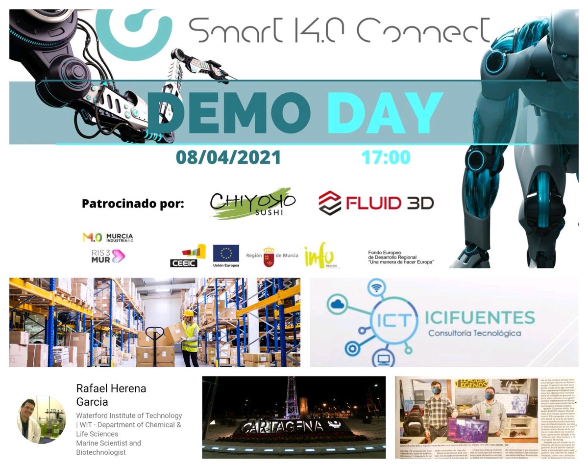 DEMO DAY - Smart I4.0 Connect ¨Inmersión en la Industria 4.0¨ by <a href="/infoRMurcia/">Instituto de Fomento</a> @Ceeict 🤖🏭

08/04/2021 -  17:00h via ZOOM 🖱️ 
ceeic.us4.list-manage.com/track/click?u=…

Evento patrocinado por #ChiyokoSushi de <a href="/lettutu/">@leticia_gastronomist</a> y <a href="/Fluid3D_oficial/">Fluid 3D</a> 

Presentación “Pitches Startups 4.0”

Te lo vas a perder⁉️