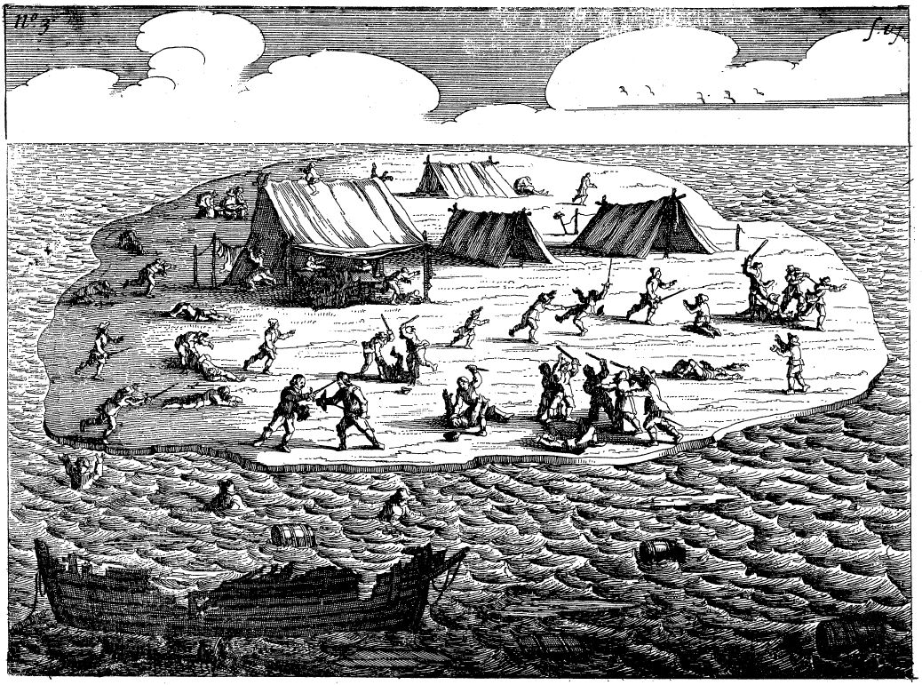 30) Pelsaert arrived at the Abrolhos in the midst of a confusing battle. Fortunately, Hayes and his men beat the mutineers to the rescue ship and were able to detail the horrors of the last 4 months. The mutiny collapsed. Less than half of those Pelsaert had left remained alive.