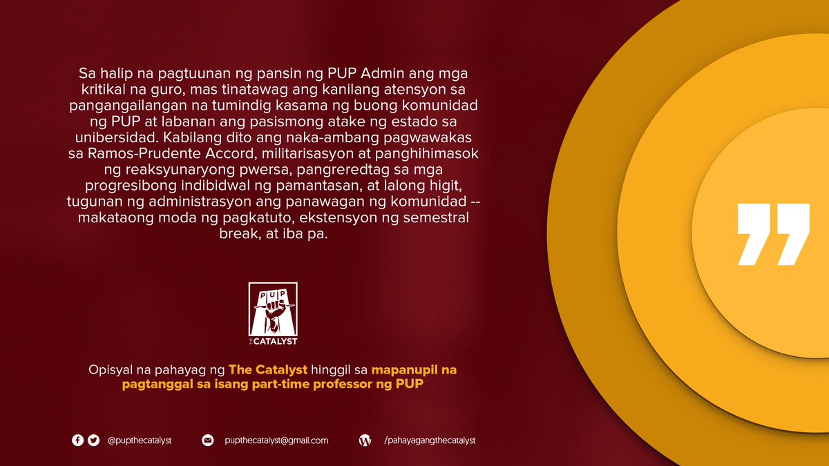 PUPTheCatalyst's tweet photo. Ang pahayagang The Catalyst, bilang opisyal na publikasyong ng mga mag-aaral, ay mariing tinututulan ang panunupil sa kritikal na propesor gayundin sa pagsakdal sa demokratikong karapatan nito na magmulat ng mga estudyante sa gitna ng ligalig at kabansutan ng edukasyon sa bansa. https://t.co/GrV1LcwmQu